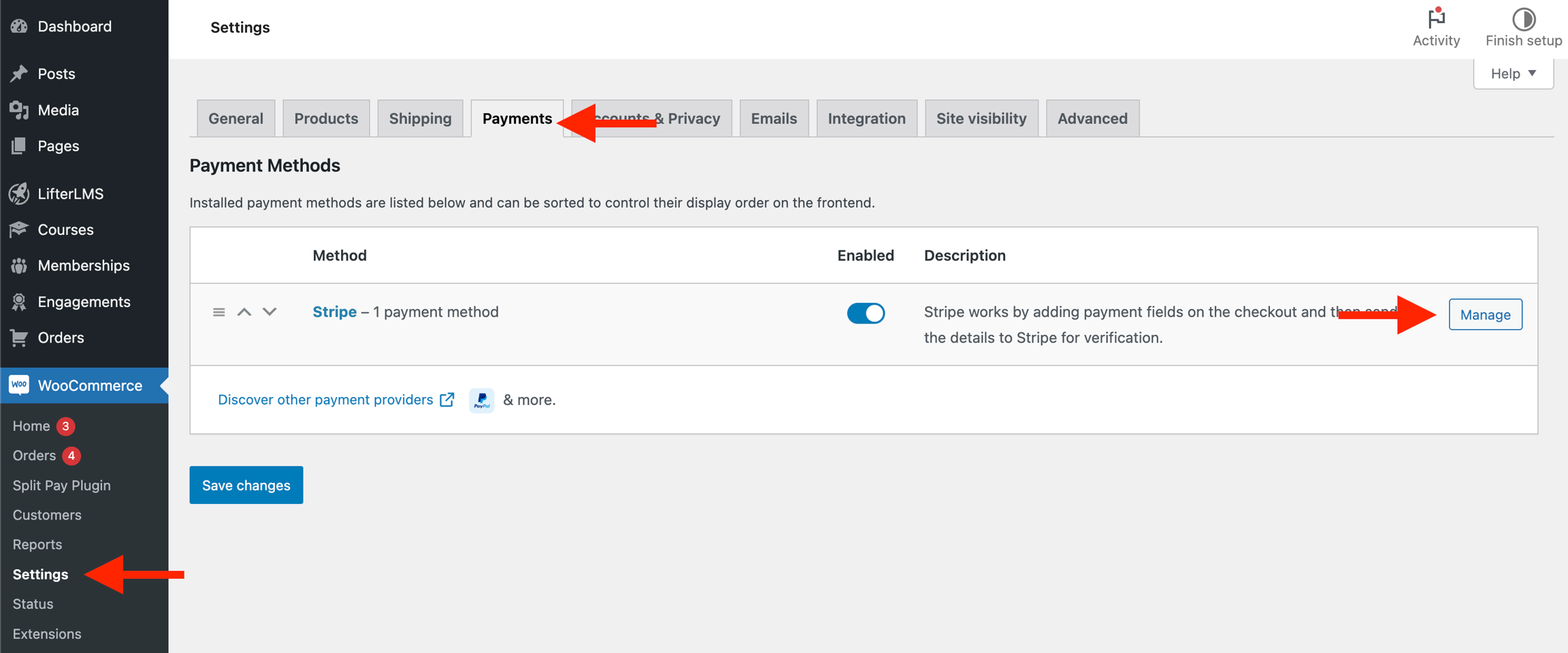 Activate Stripe in WooCommerce Payments settings