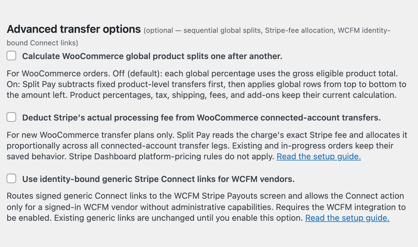 Advanced transfer options on the Split Pay Advanced tab: the identity-bound WCFM Connect links checkbox is the last of three unchecked options