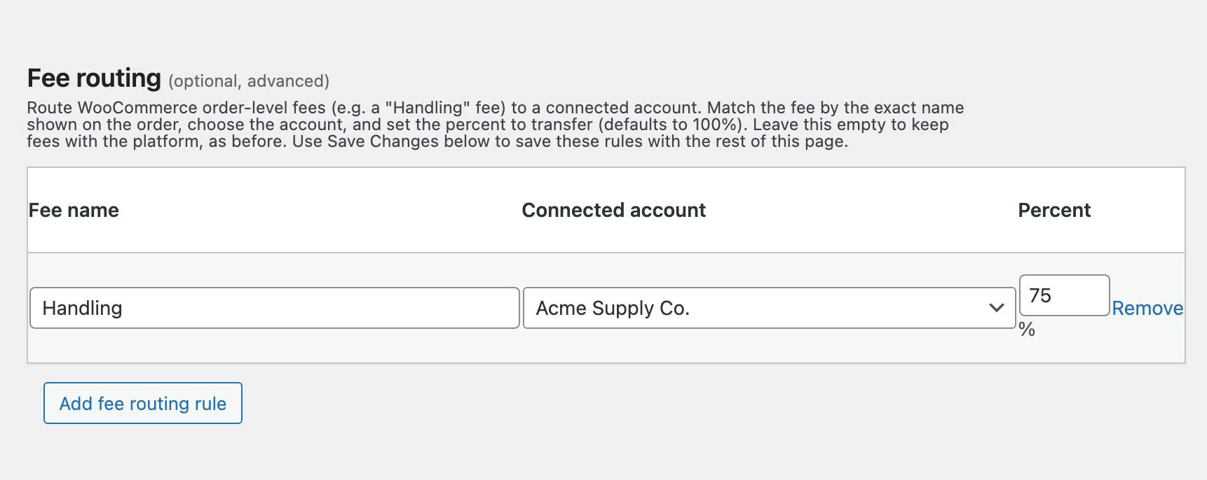 Fee routing card on the Split Pay Advanced tab with one rule that sends 75 percent of the Handling fee to a connected account