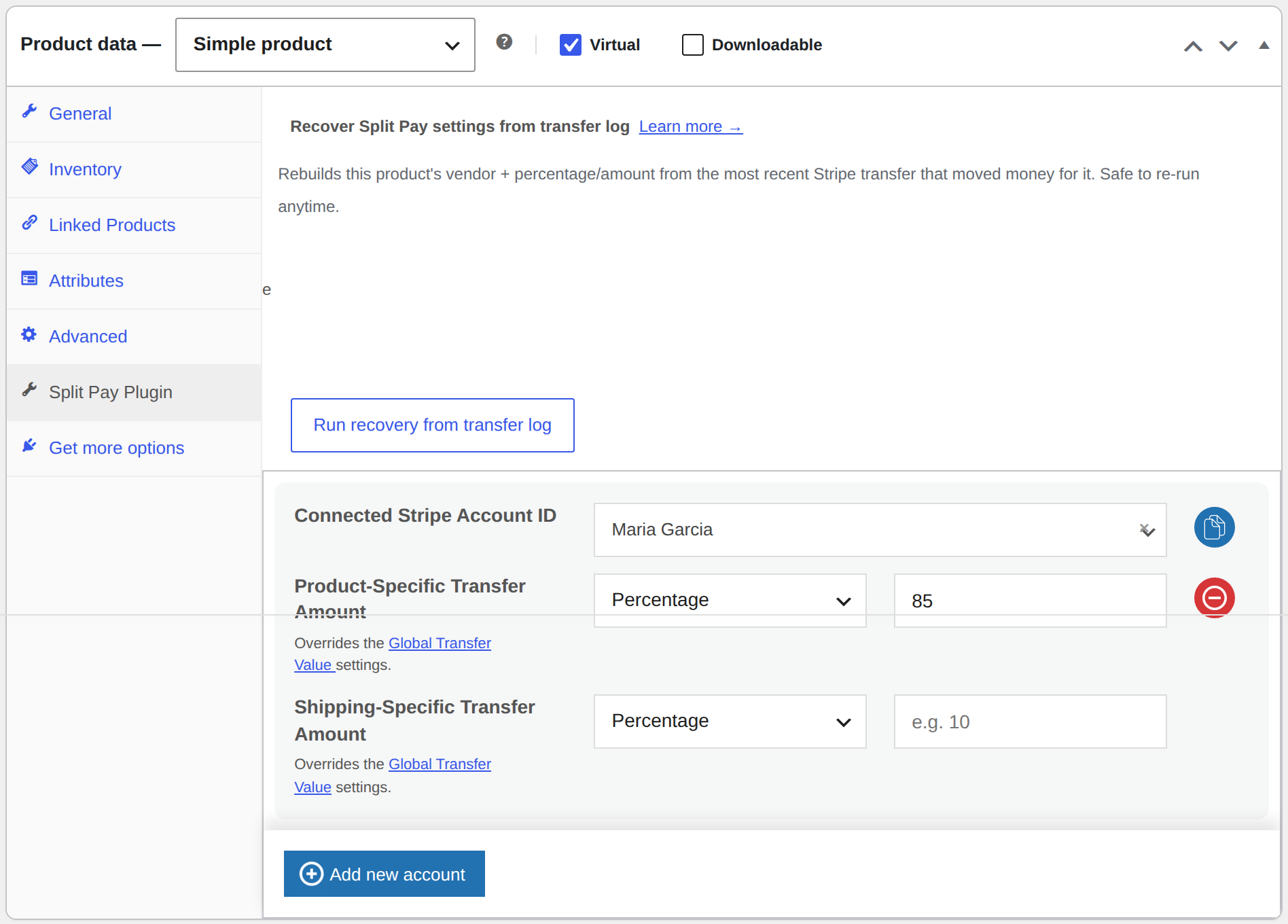 The Split Pay Plugin tab of an auto-created product, showing the vendor's connected account assigned at 85%