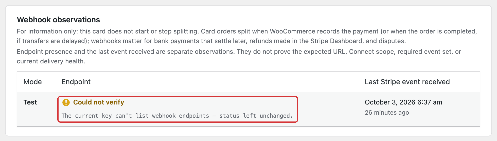 Webhook observations card on Connect Status: the Test endpoint shows Could not verify because the current key cannot list webhook endpoints, next to the time of the last Stripe event received
