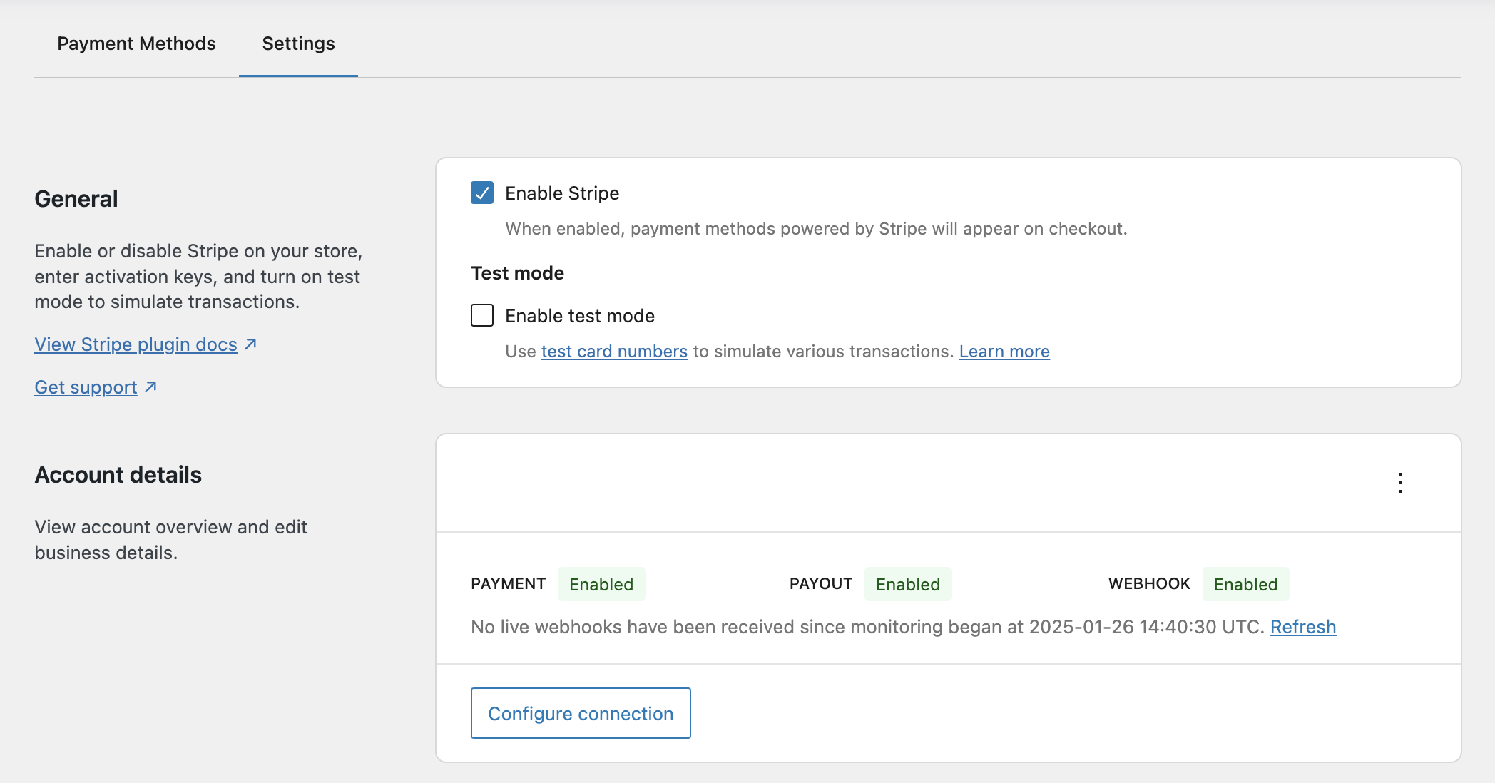 Stripe Payment Gateway Settings tab