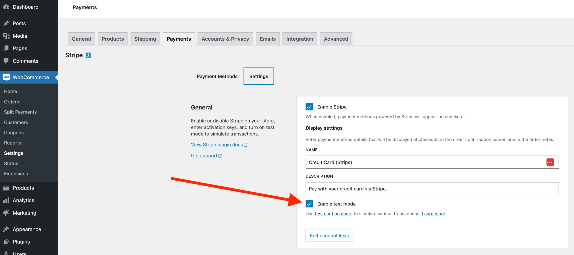 Enabling TEST mode in the official WooCommerce Stripe settings (Stack A1). Payment Plugins and FluentCart expose an equivalent toggle on their own settings pages.