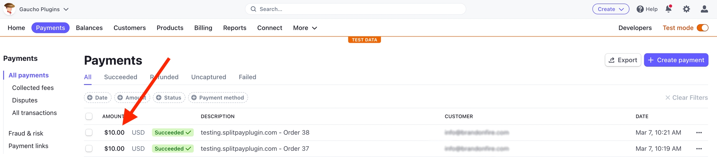 First test payment in the Stripe Dashboard