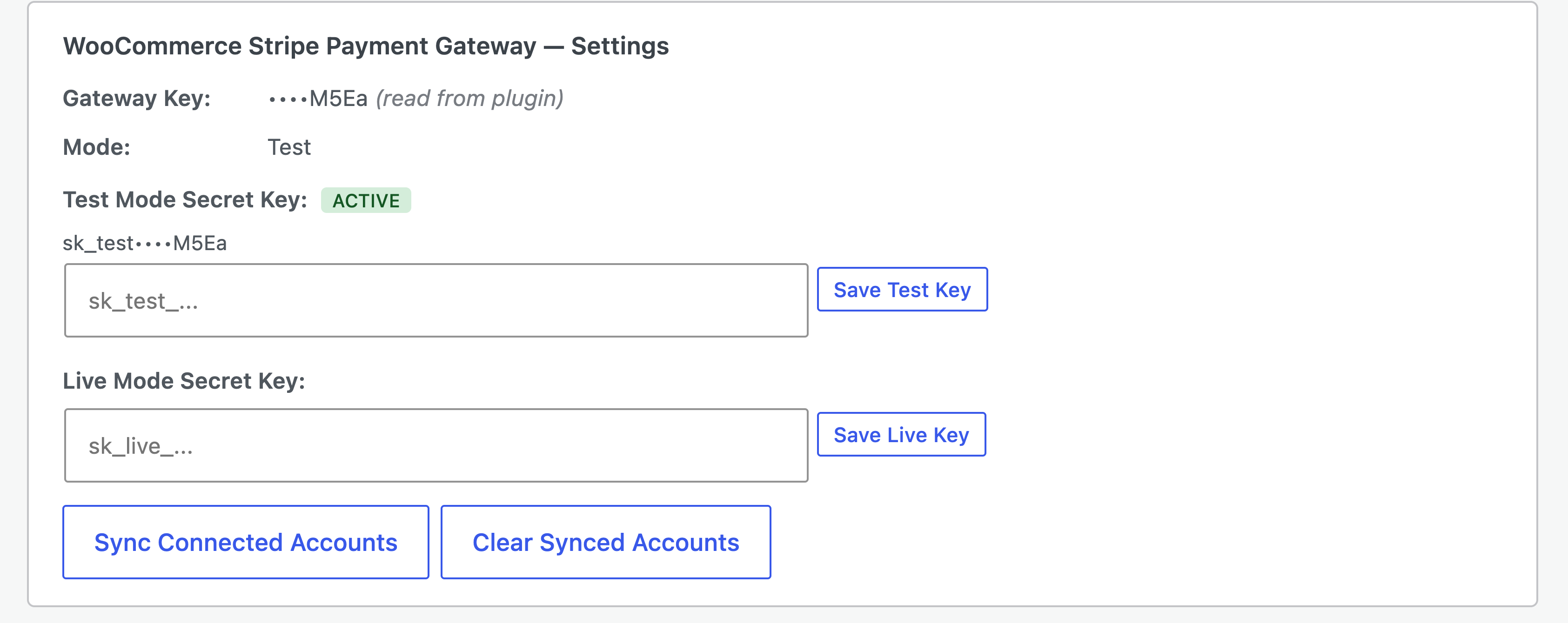 Gateway settings panel with Test and Live secret key slots