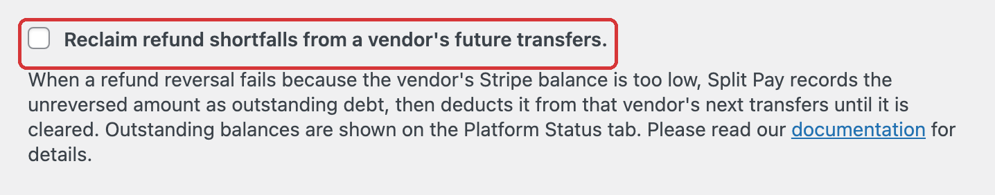 Reclaim refund shortfalls from a vendor's future transfers checkbox on Global Transfer Settings, unchecked, with its description