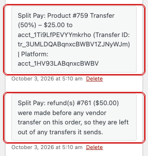 Order notes after the order was marked Completed: a Product transfer of 50 percent for 25 dollars, and refund 761 for 50 dollars left out of the transfers