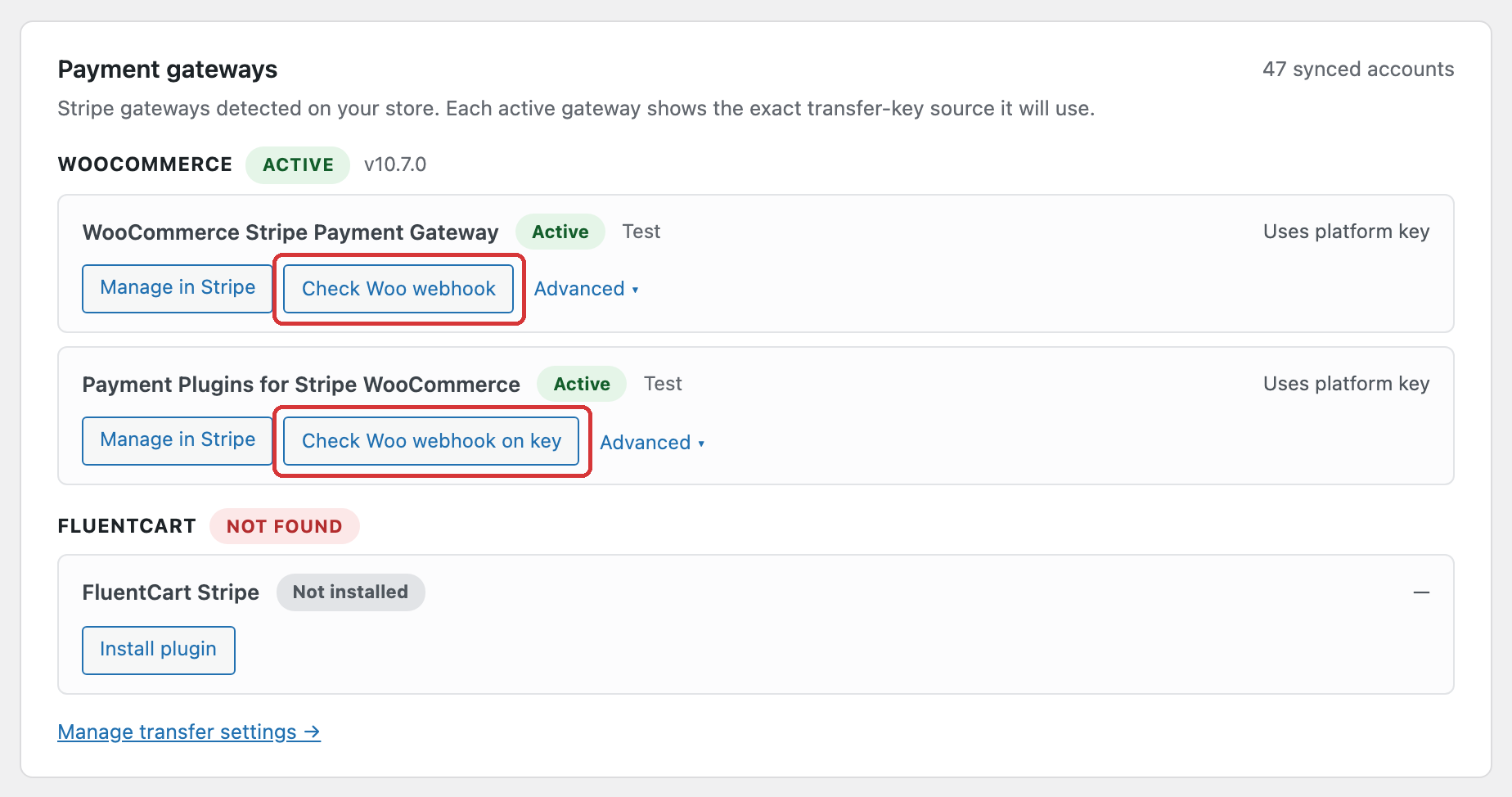 Payment gateways card listing WooCommerce Stripe Payment Gateway and Payment Plugins for Stripe WooCommerce as Active in Test mode using the platform key, with Check Woo webhook and Check Woo webhook on key buttons, and FluentCart Stripe as not installed