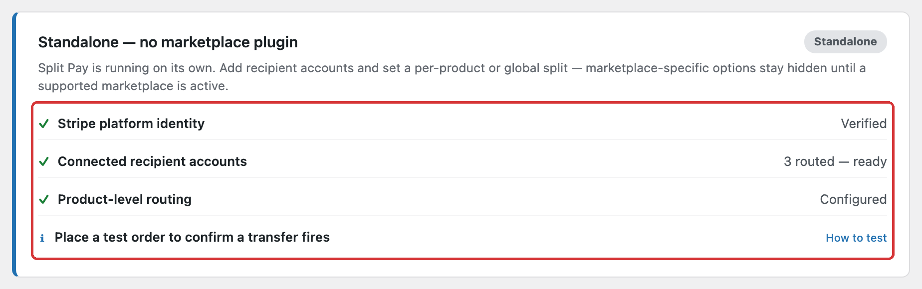 Readiness summary card on the Integrations tab titled Standalone, no marketplace plugin, with checks for Stripe platform identity Verified, Connected recipient accounts 3 routed and ready, Product-level routing Configured, and a reminder to place a test order