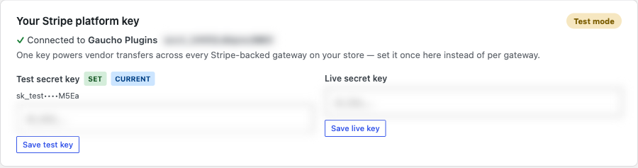 The Stripe platform key card in test mode, with separate Test secret key and Live secret key inputs side by side, each with its own Save button