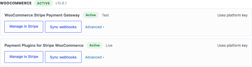 The WooCommerce group on the Split Pay Integrations tab showing two gateway cards both marked Active: the official WooCommerce Stripe Payment Gateway and Payment Plugins for Stripe WooCommerce