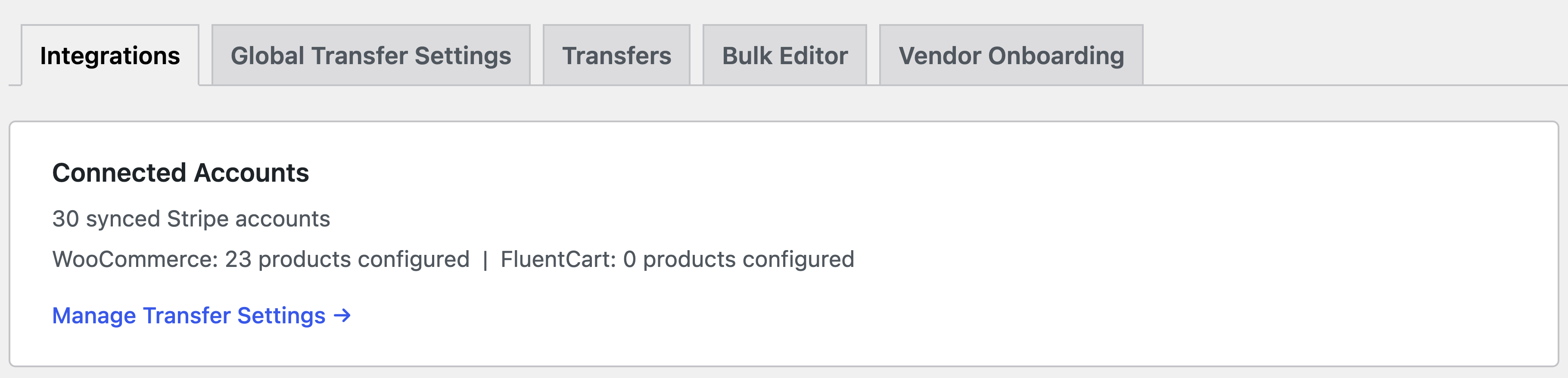 Split Pay Integrations tab with Connected Accounts summary