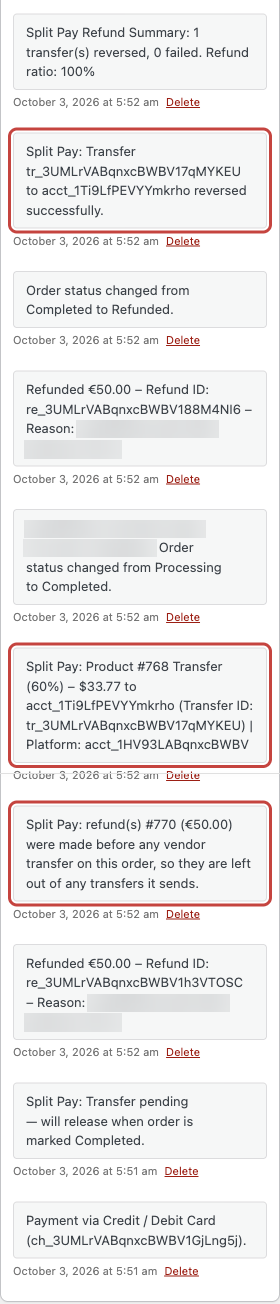 Order notes, newest first, for a EUR order on a USD Stripe account: Refund Summary 1 transfer reversed with refund ratio 100 percent, the transfer reversed successfully, a Product transfer of 60 percent for 33 dollars 77 cents, and a 50 euro refund left out of the transfers