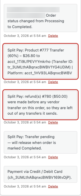 Order notes, newest first: Transfer pending, then a refund of 50 dollars left out of the transfers, then a Product transfer of 60 percent for 26 dollars 80 cents