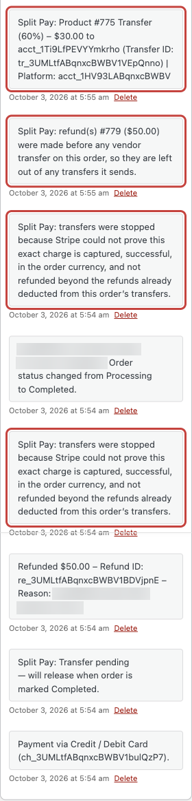 Order notes, newest first: a Product transfer of 60 percent for 30 dollars, a 50 dollar refund left out of the transfers, and two notes saying transfers were stopped because Stripe could not prove the charge is not refunded beyond the refunds already deducted