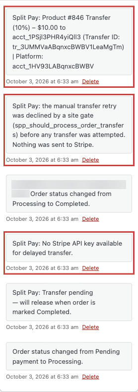 Order notes, newest first: a Product transfer of 10 percent for 10 dollars, a manual transfer retry declined by a site gate with nothing sent to Stripe, and No Stripe API key available for delayed transfer