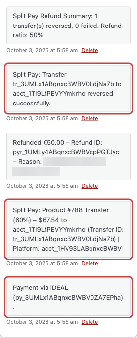 Order notes, newest first, for an iDEAL order: Refund Summary with a 50 percent refund ratio, the transfer reversed successfully, a Product transfer of 60 percent for 67 dollars 54 cents, and Payment via iDEAL with a py_ charge ID