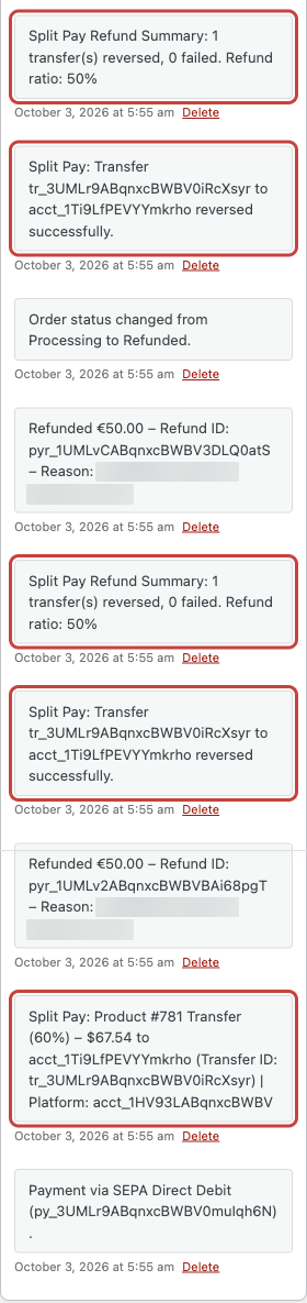 Order notes, newest first, for a SEPA Direct Debit order: two Refund Summary notes each reversing one transfer at a 50 percent refund ratio, the transfer reversed successfully, and a Product transfer of 60 percent for 67 dollars 54 cents from a py_ charge