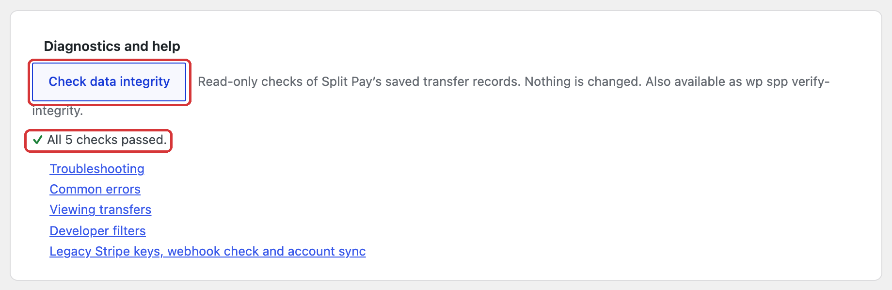 Diagnostics and help card on Platform Status with the Check data integrity button and the result All 5 checks passed.