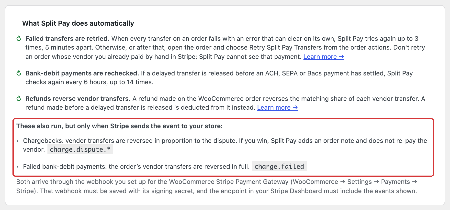 What Split Pay does automatically card on Platform Status: failed transfers are retried, bank-debit payments are rechecked, refunds reverse vendor transfers, and chargebacks and failed bank-debit payments are handled only when Stripe sends the event