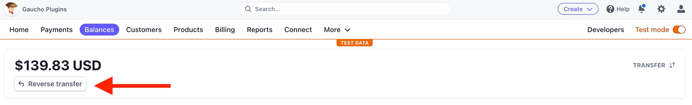 Reverse Transfer Button in Stripe Dashboard
