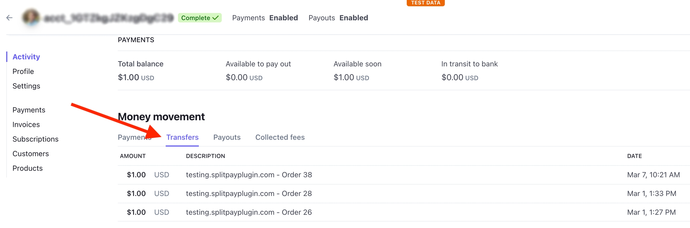 Transfer data in Stripe Connected Account