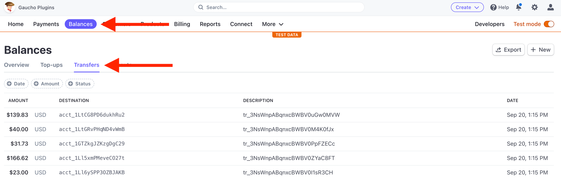 Transfers Section in Stripe Dashboard