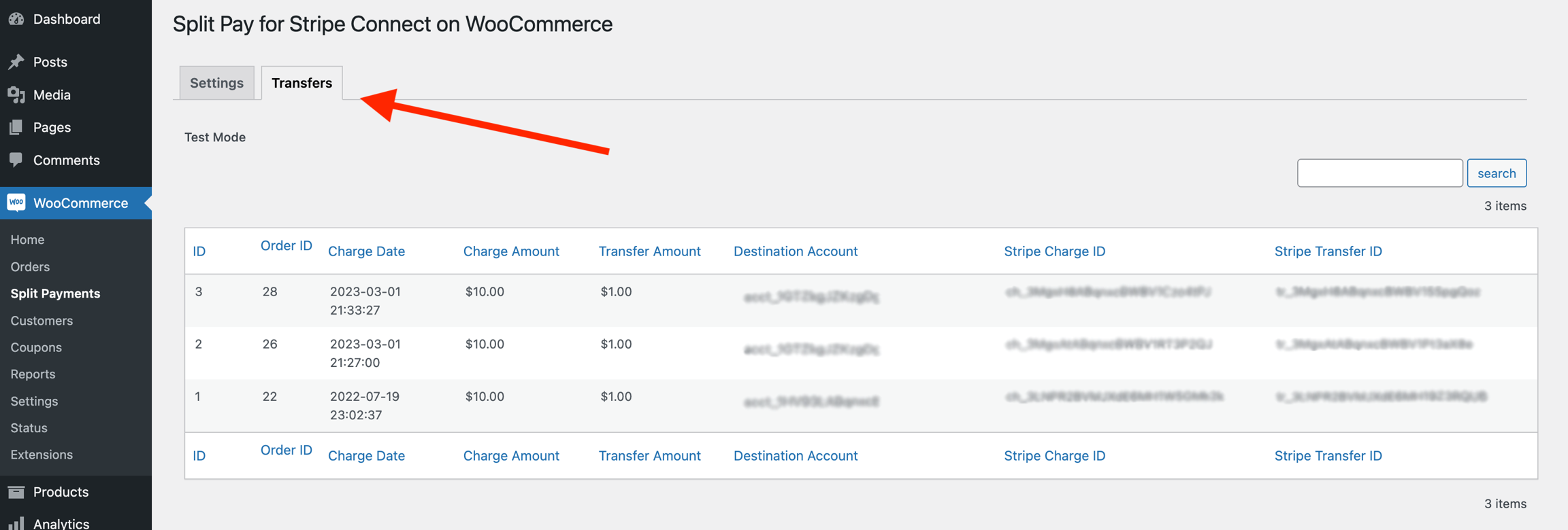 Transfers Tab Showing All Split Payment Transfers