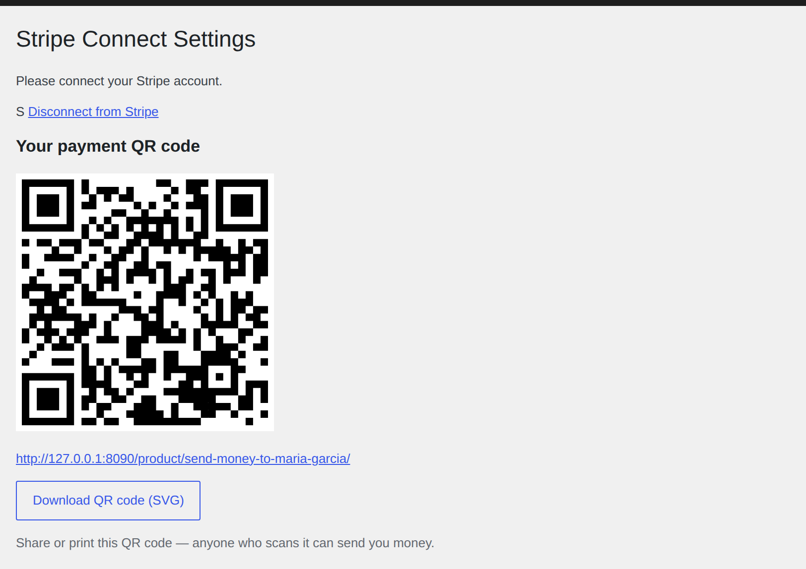 The vendor dashboard showing the payment QR code, the product link, and the Download QR code button