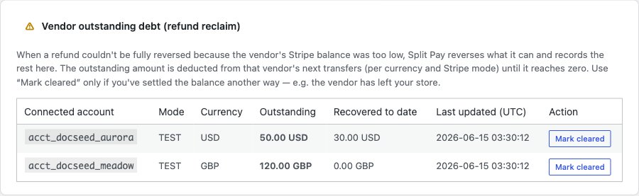 The vendor outstanding-debt card on the Platform Status tab