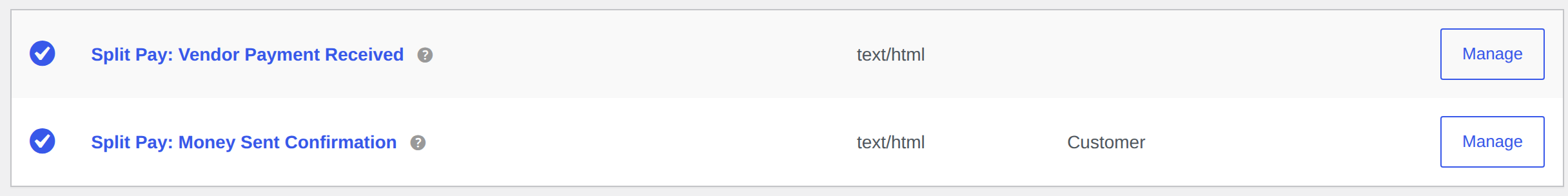 The two Split Pay transaction emails listed under WooCommerce settings, Emails