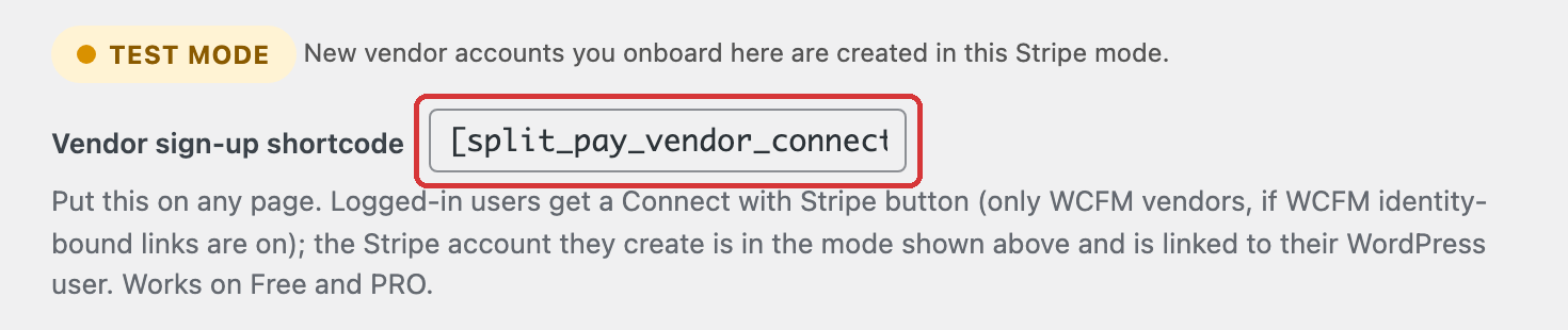 Vendor Onboarding tab in Test mode with the Vendor sign-up shortcode box containing the split_pay_vendor_connect shortcode