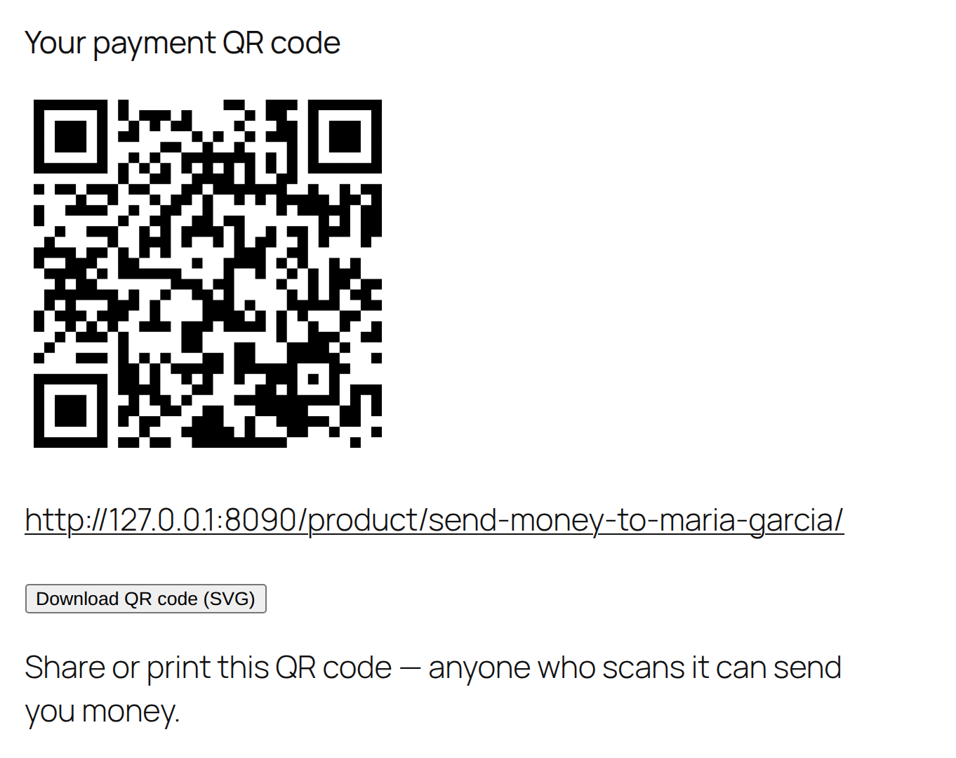 The split_pay_vendor_qr shortcode rendered on a front-end page