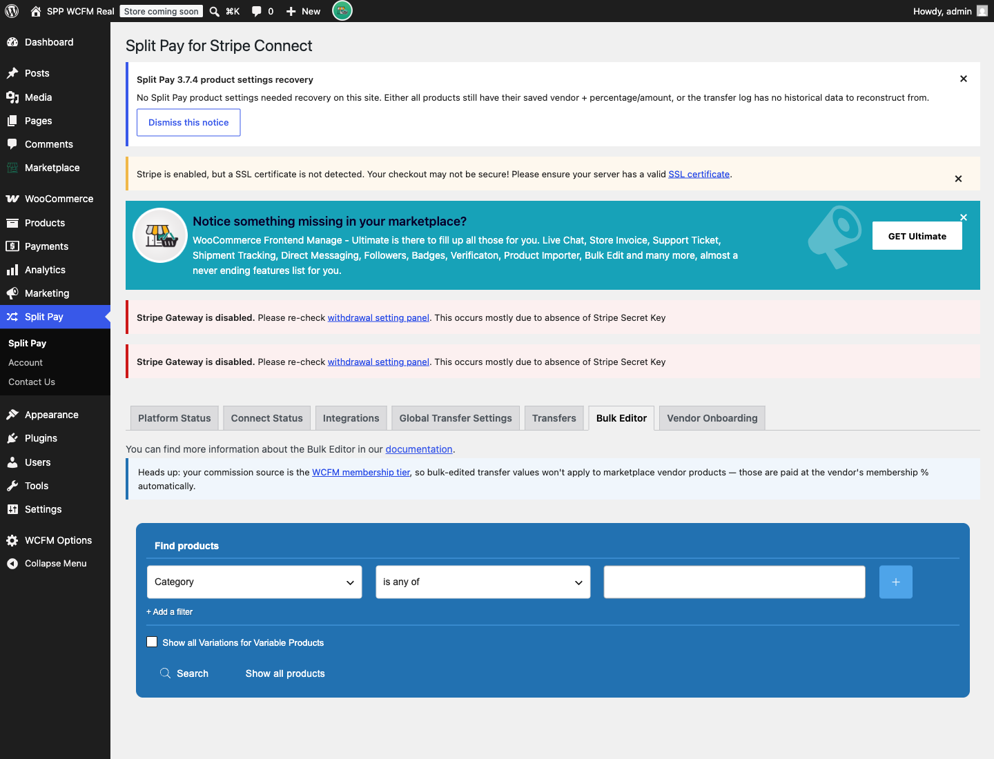 The Split Pay Bulk Editor with a notice explaining that bulk-edited transfer values won't apply to WCFM vendor products, which are paid at the membership percentage automatically