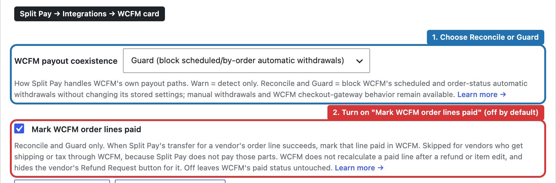 WCFM card on the Split Pay Integrations tab with WCFM payout coexistence set to Guard and Mark WCFM order lines paid turned on