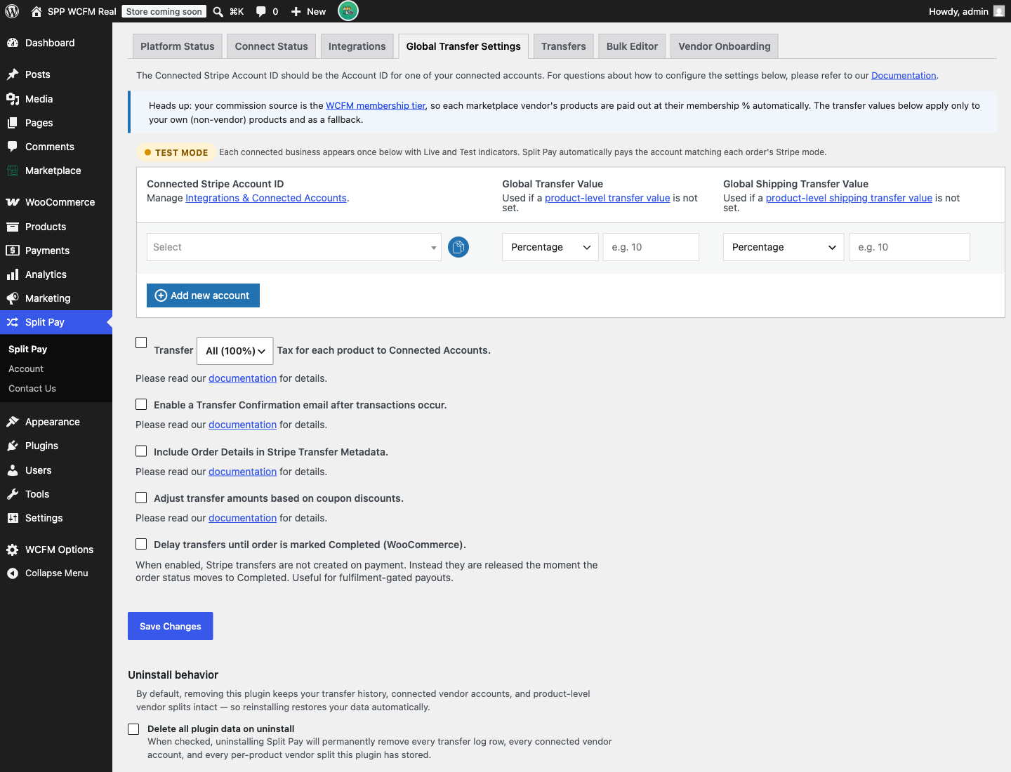 The Split Pay Global Transfer Settings tab with a notice explaining that WCFM vendor products are paid at the membership percentage and the global value applies only to non-vendor products and as a fallback